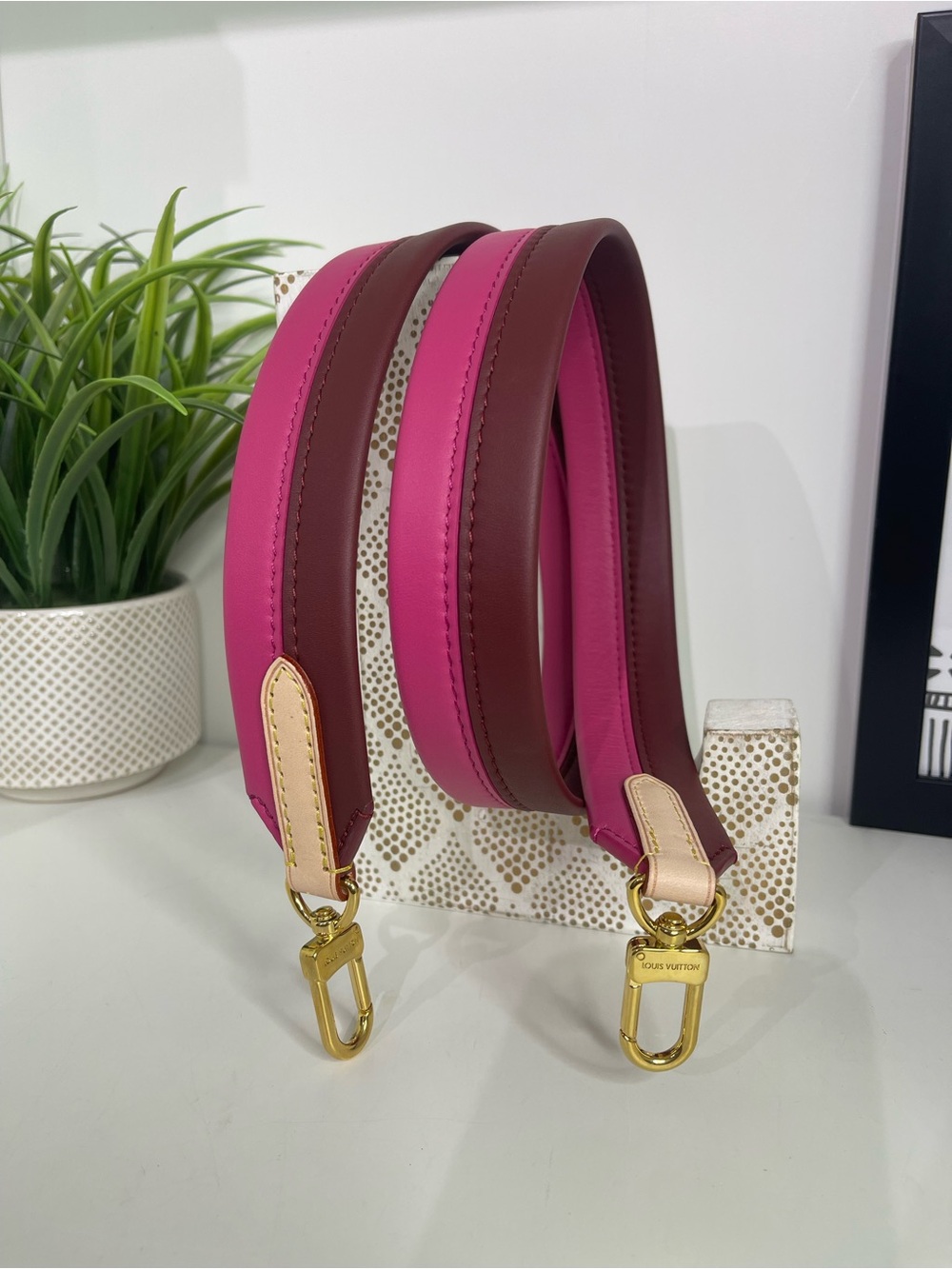 Louis Vuitton Pink & Burgundy Leather Bag Strap with Gold Hardware
